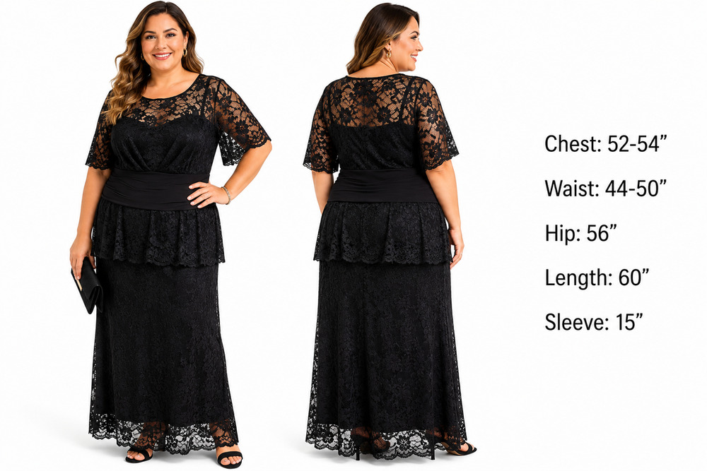Kiyonna Black All Lace Peplum Formal Maxi Half Sleeve Dress Illusion Neck sz 3X